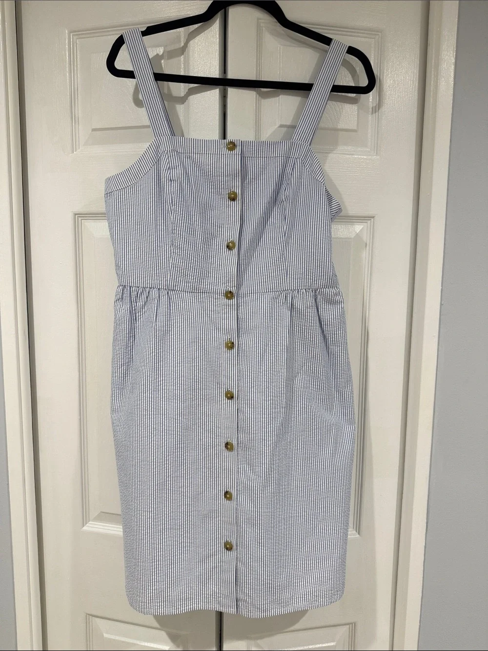 J. Crew Blue and White Seersucker Button-Front Midi Dress